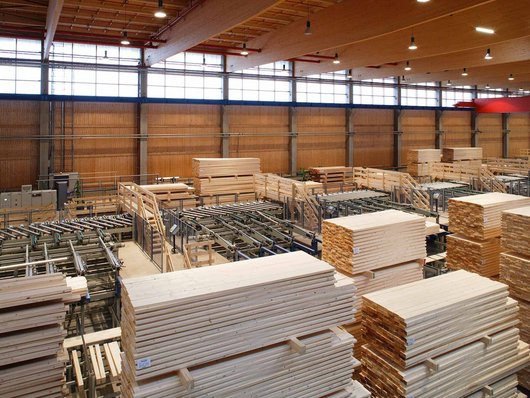 [Translate to English:] Weiterverarbeitung von Holz in der Produktionshalle der SchwörerHaus KG
