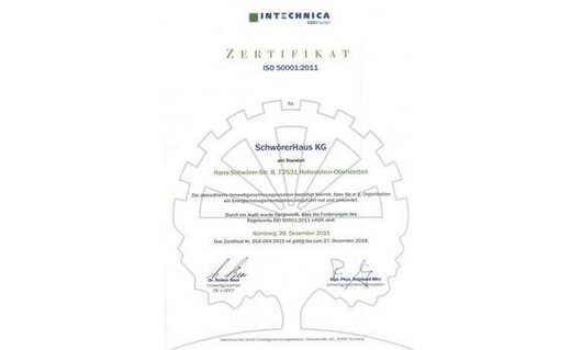 IN-Technica-Zertifikat (50001) der SchwörerHaus KG Zertifikat der IN-Technica (ISO-50001)