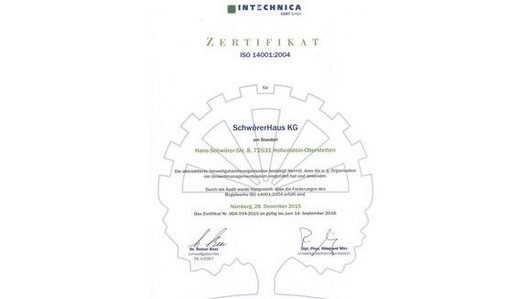 IN-Technica-Zertifikat (14001) der SchwörerHaus KG Zertifikat der IN-Technica (ISO-14001)