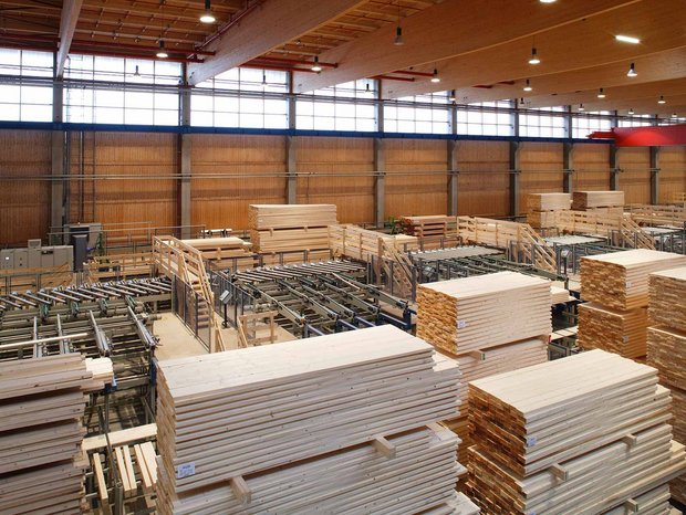 [Translate to English:] Weiterverarbeitung von Holz in der Produktionshalle der SchwörerHaus KG